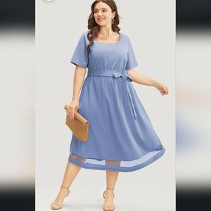 🛑summer classy dress,solid mesh Insert ,with Pockets Belted Flutter Hem Dress